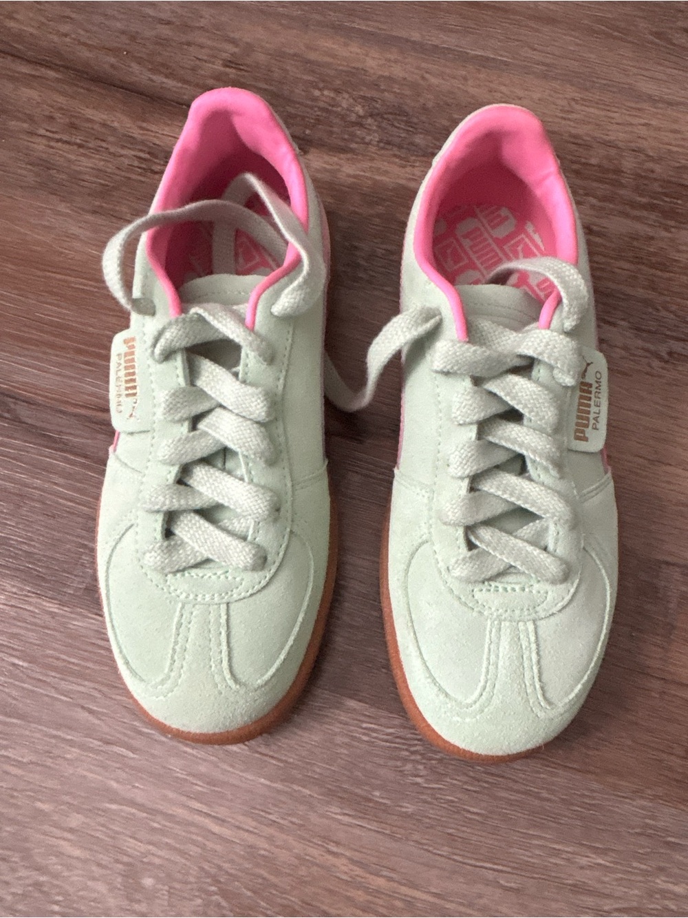 Puma Kids Pale Green Suede Sneakers with Pink Lining